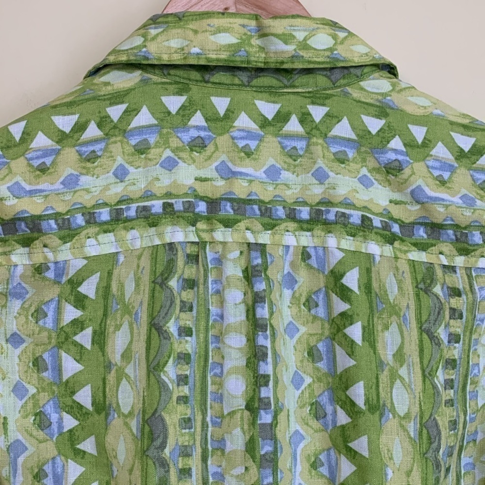 Sigrid Olsen | 100% Linen Green White Mixed Print Button Down Collared Shirt XS - Picture 16 of 17